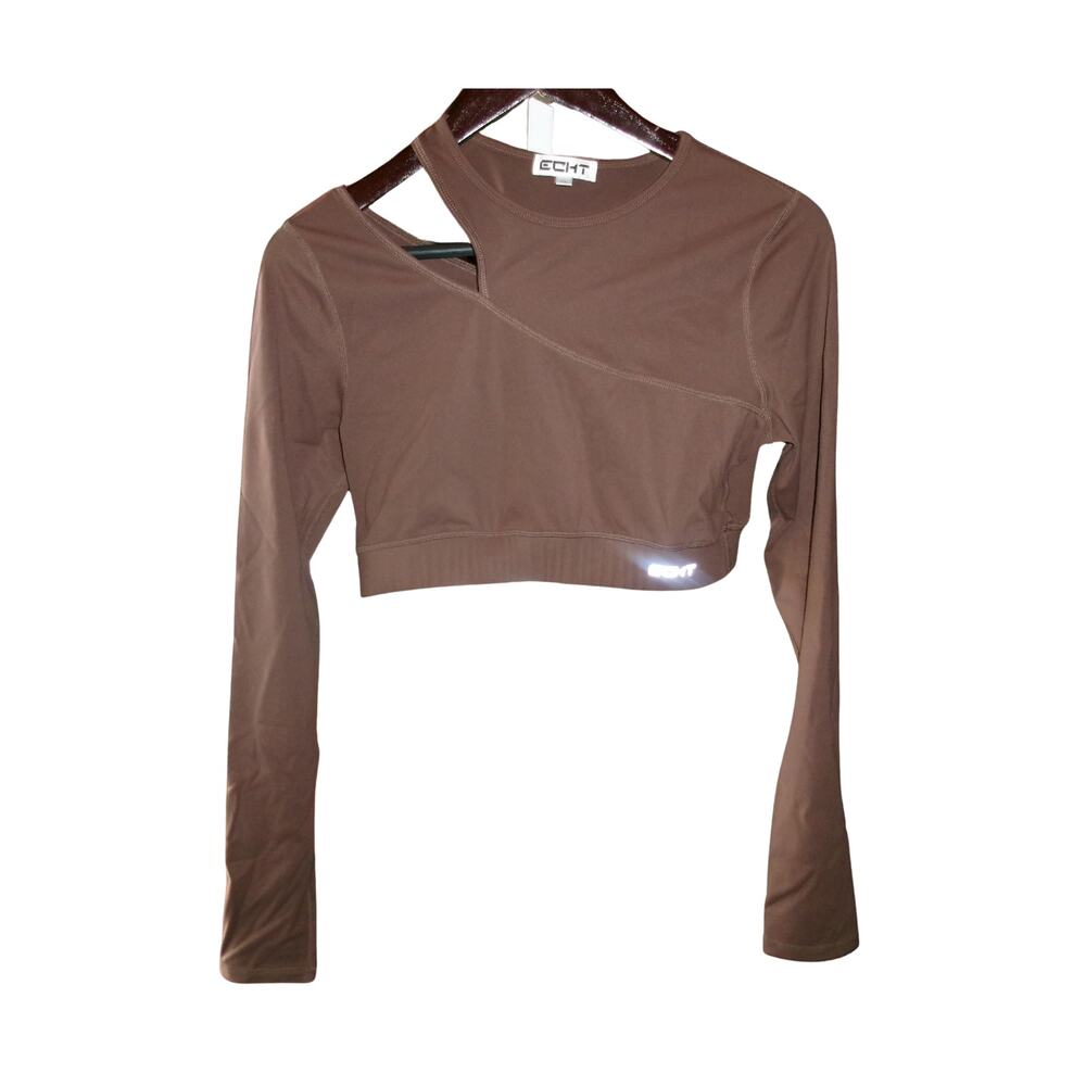 ECHT Brown Asymmetrical Cutout Long Sleeve Crop Top Women's XL Activewear